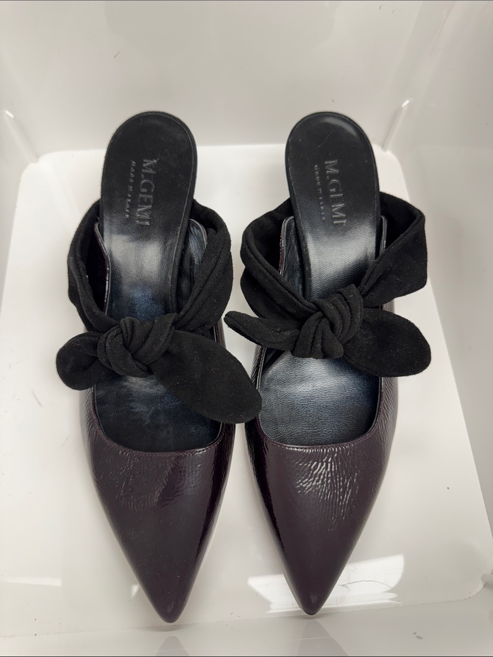 M GEMI Pointed Toe Italian buttery leather Slingback Mules in Plum with Black Bo